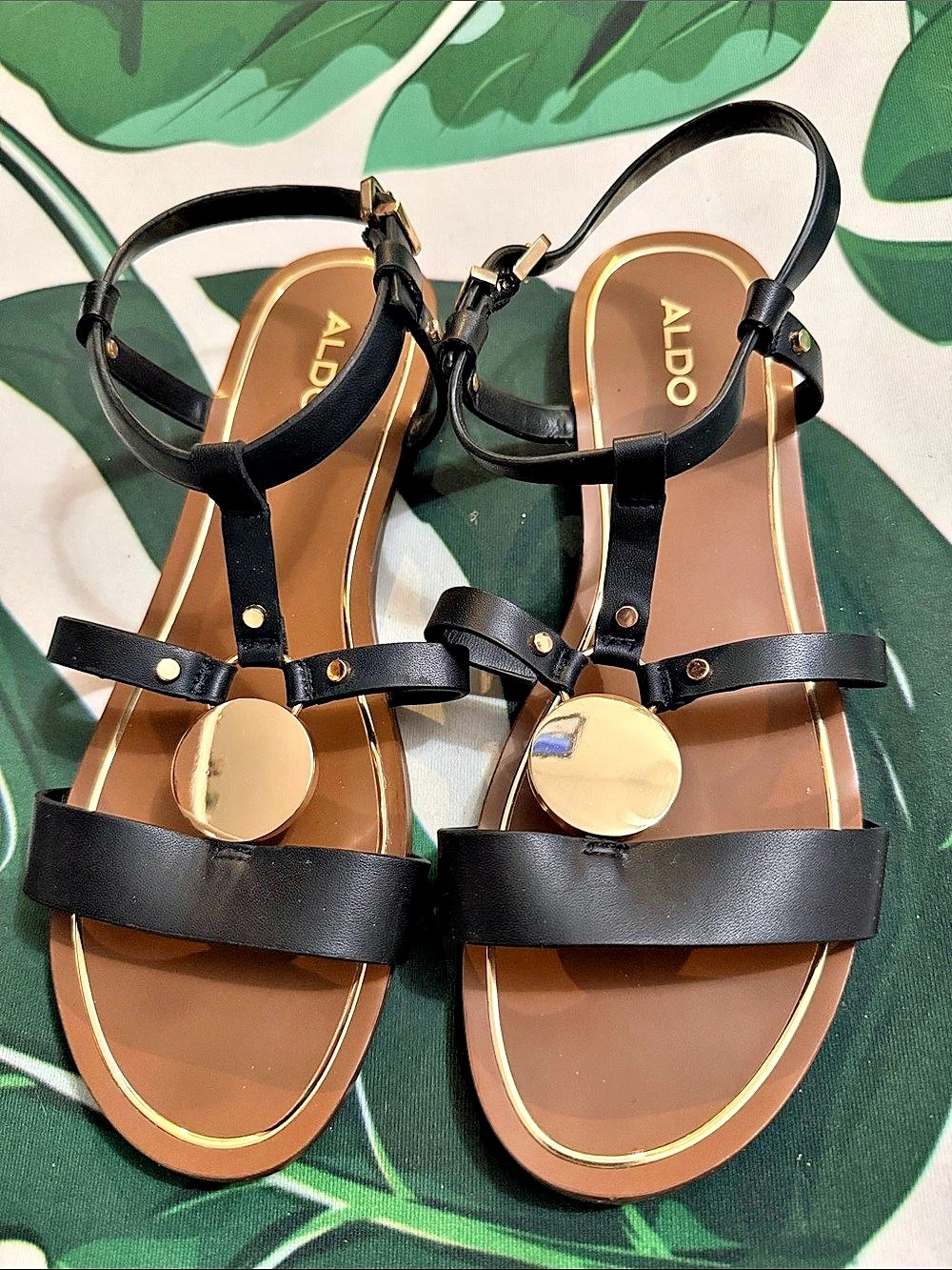 ALDO Alannah Flat T-Strap Sandal Black & Brown US 7.5